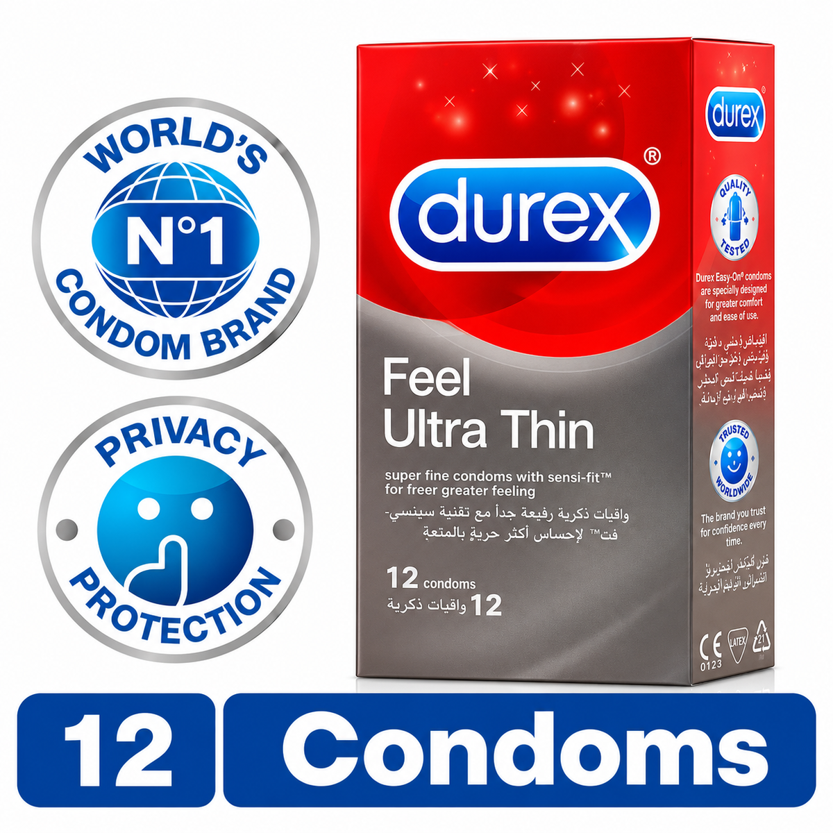 Durex Feel Ultra Thin pack label. Heightened sensation condoms Pakistan - ZEDSHOPPE.