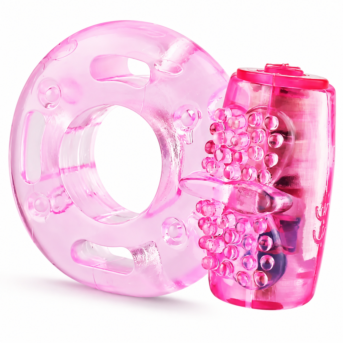 A translucent pink adult novelty product consisting of a circular ring with cutouts and a cylindrical textured roller, both shown on a clean white background.
