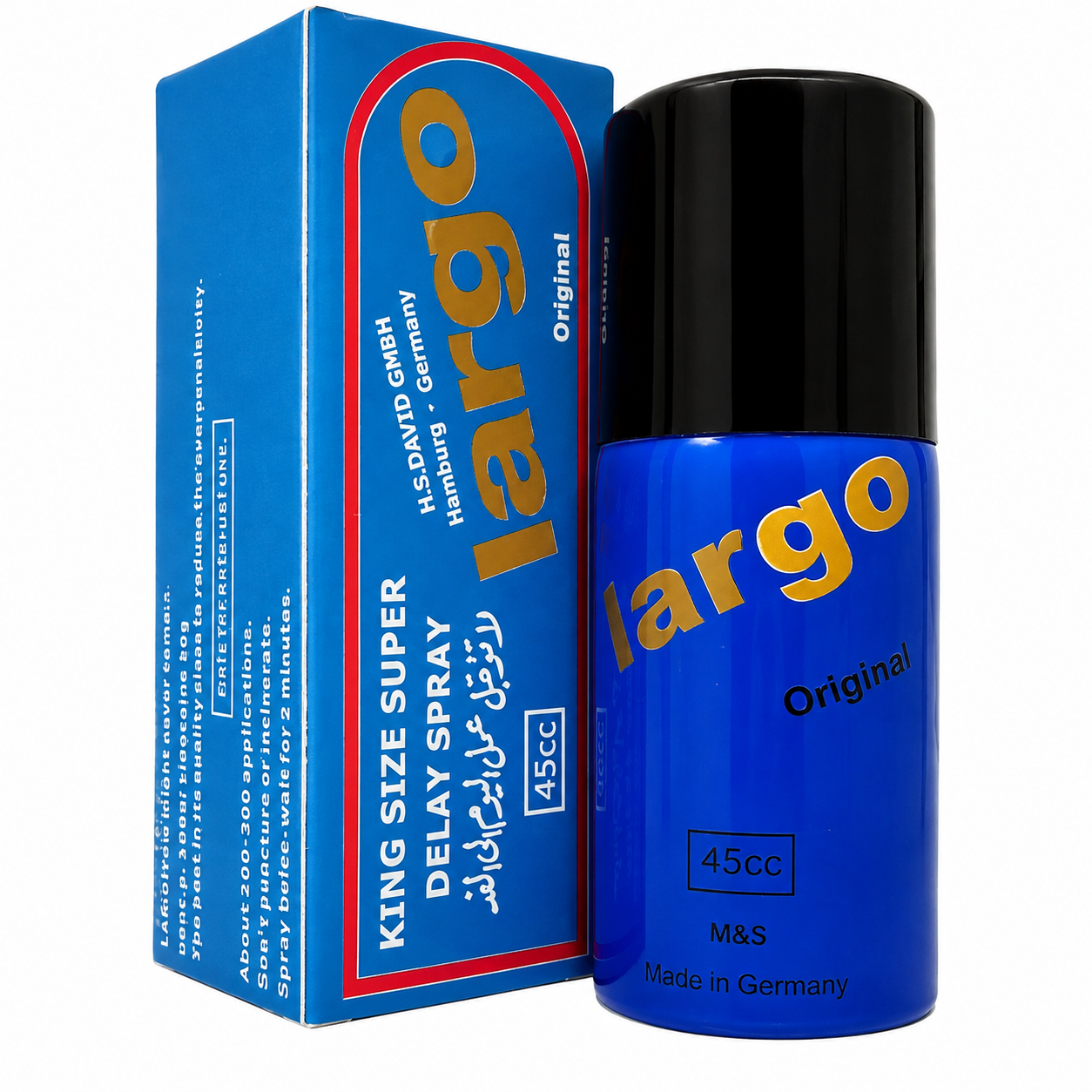 A blue cylindrical bottle of Largo Original King Size Super Delay Spray with a black cap stands next to its matching blue and red packaging box on a white background.