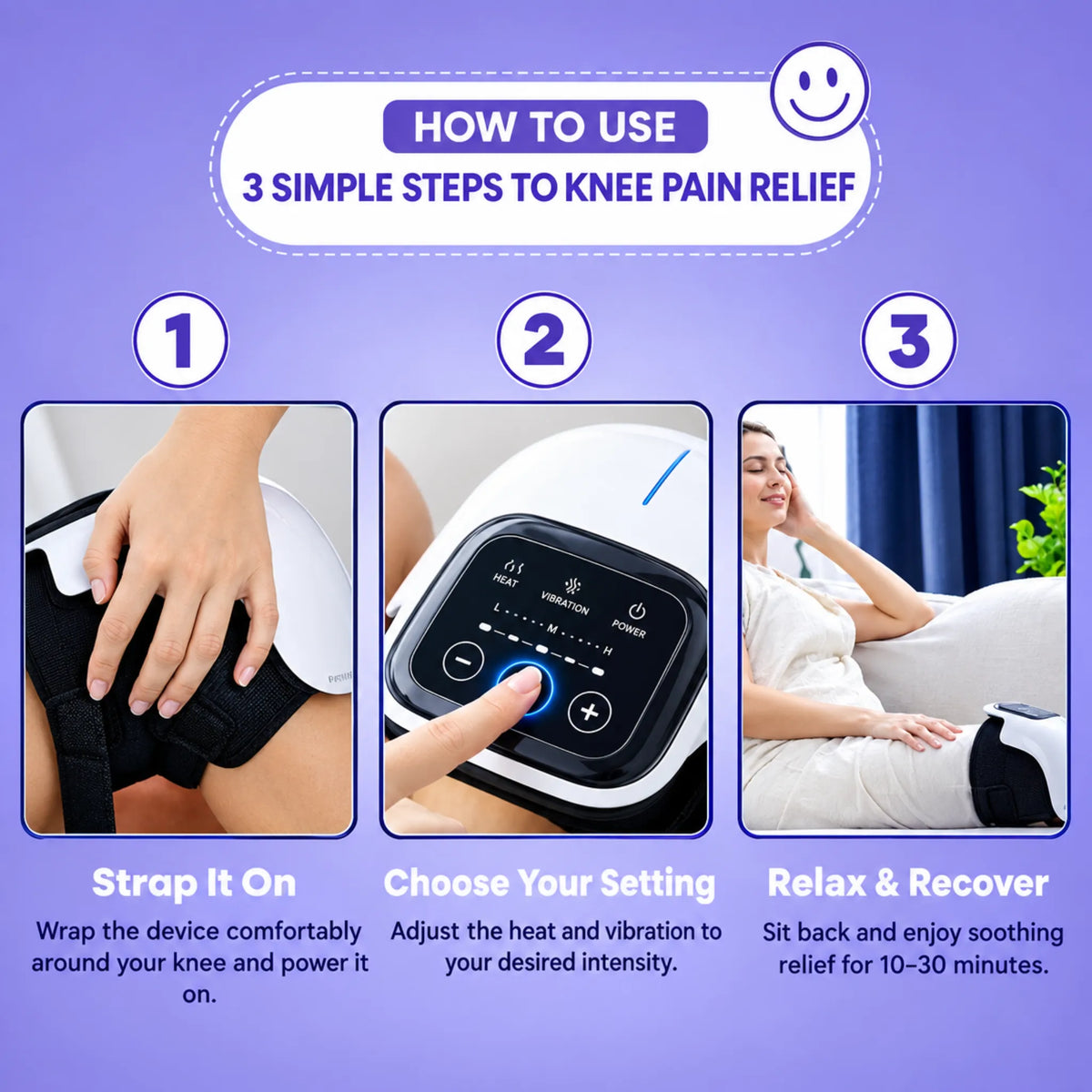 How to use the 3-in-1 knee massager: strap it on, choose your heat and vibration level, then relax | ZEDSHOPPE®.