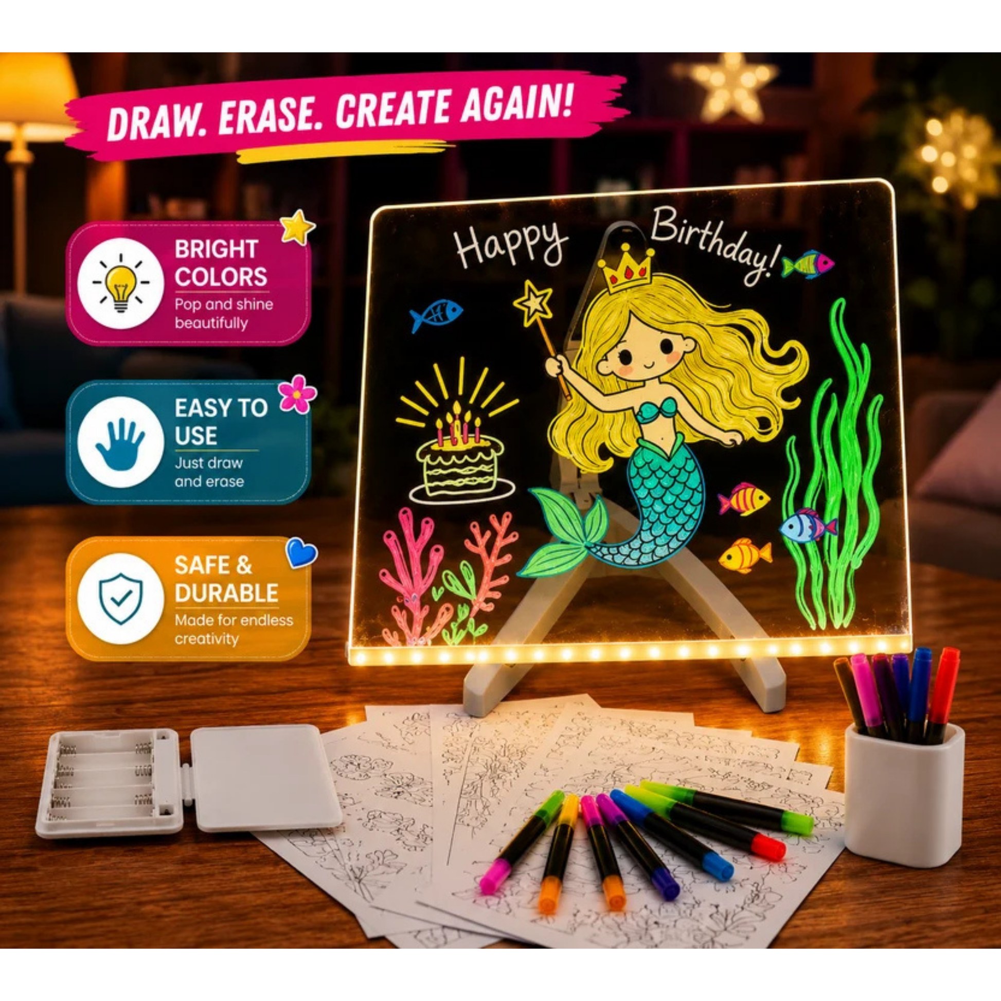 An LED light-up drawing board on a wooden desk, displaying a colorful mermaid birthday sketch. The scene includes a battery compartment, marker pens, drawing sheets, and promotional text badges highlighting bright colors, ease of use, and durability.
