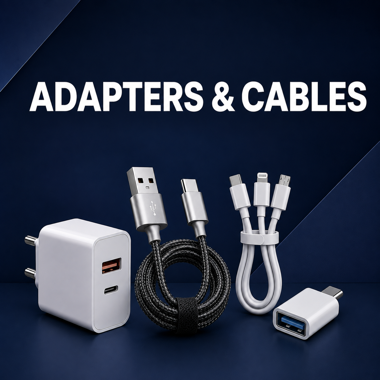 A set of white and black charging adapters and cables arranged on a dark blue background with the text 'ADAPTERS & CABLES' at the top. The set includes a white wall charger, a braided black USB-C to USB-C cable, a white cable bundle with multiple connector types, and a white USB-A to USB-C adapter.