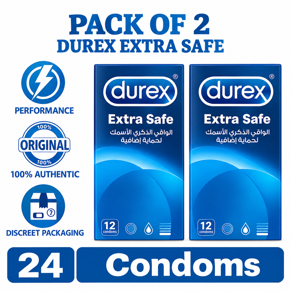 Durex Extra Safe 2-pack label. Extra thickness condoms Pakistan - ZEDSHOPPE®
