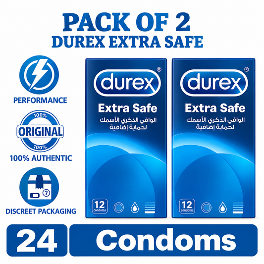 Durex Extra Safe 2-pack label. Extra thickness condoms Pakistan - ZEDSHOPPE®