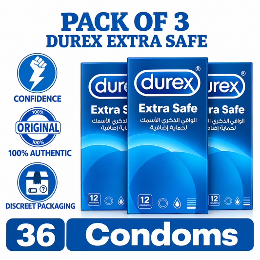 Durex Extra Safe triple pack label. Extra thickness condoms Pakistan - ZEDSHOPPE®.