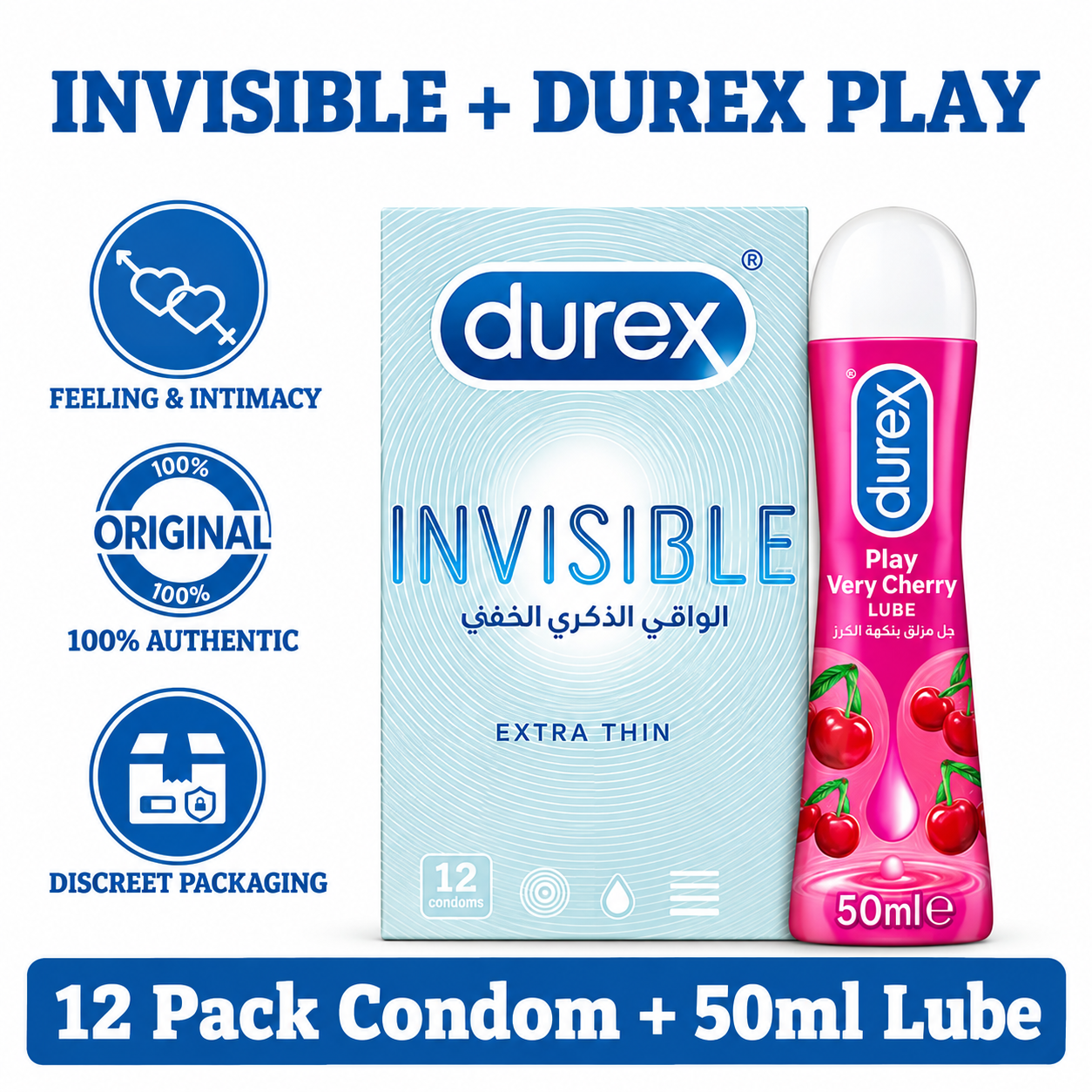Durex Invisible Condoms and Very Cherry Lubricant 50ml bundle. Genuine Durex Pakistan - ZEDSHOPPE®