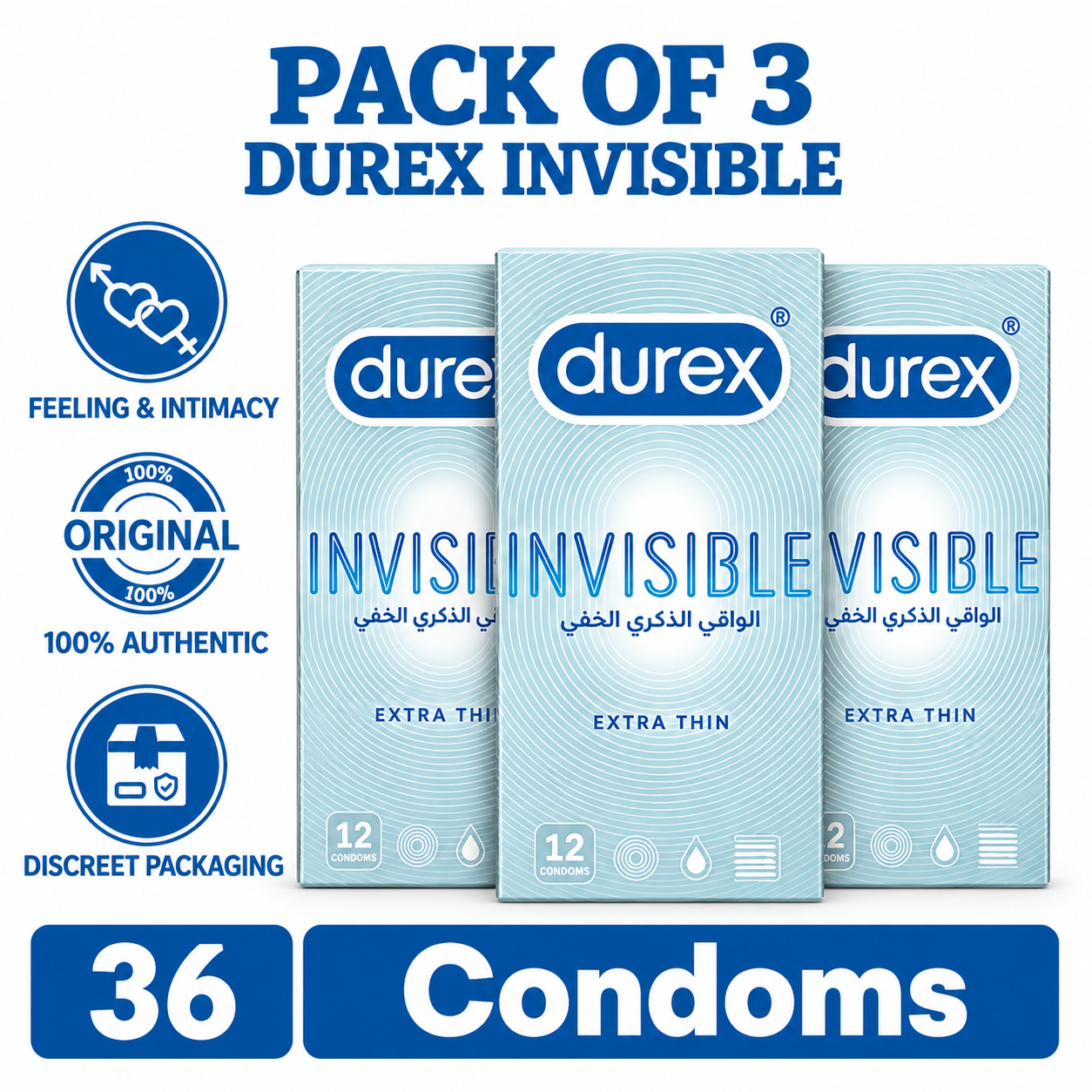 Durex Invisible triple pack label. Extra thin condoms Pakistan - ZEDSHOPPE®