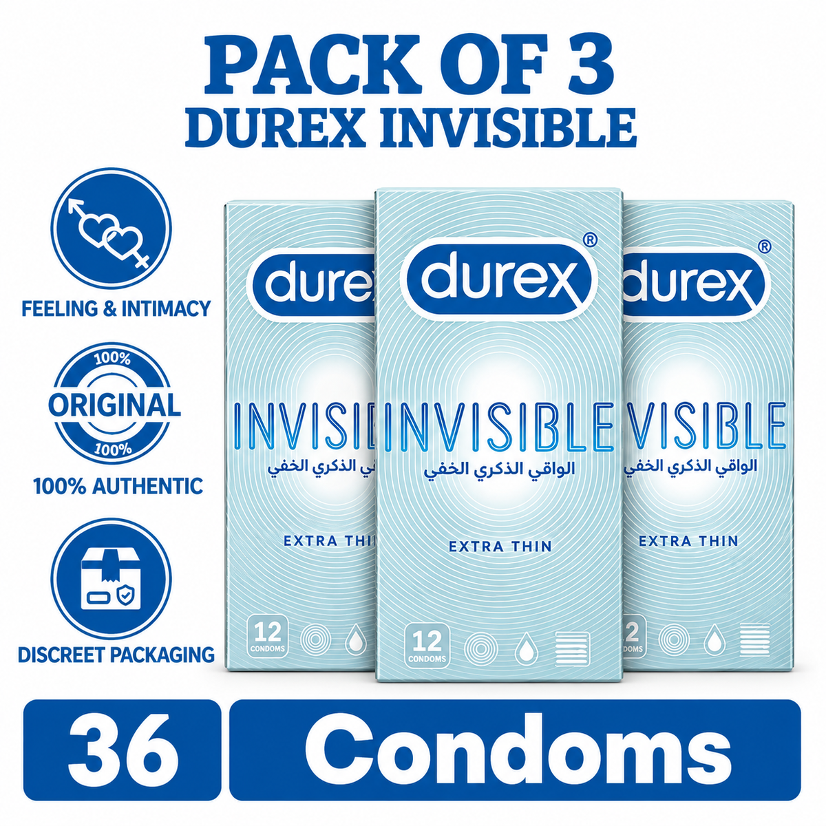 Durex Invisible triple pack label. Extra thin condoms Pakistan - ZEDSHOPPE®