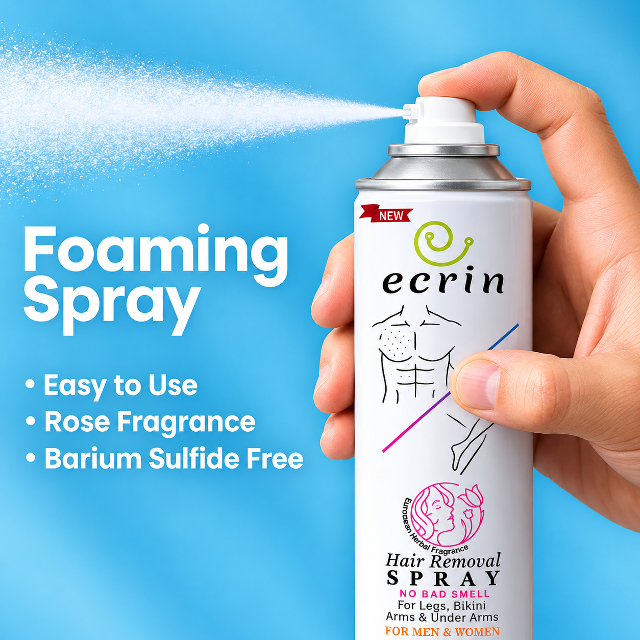 Ecrin Hair Removal Foaming Spray in hand - easy to use, rose fragrance, barium sulfide free - ZEDSHOPPE®