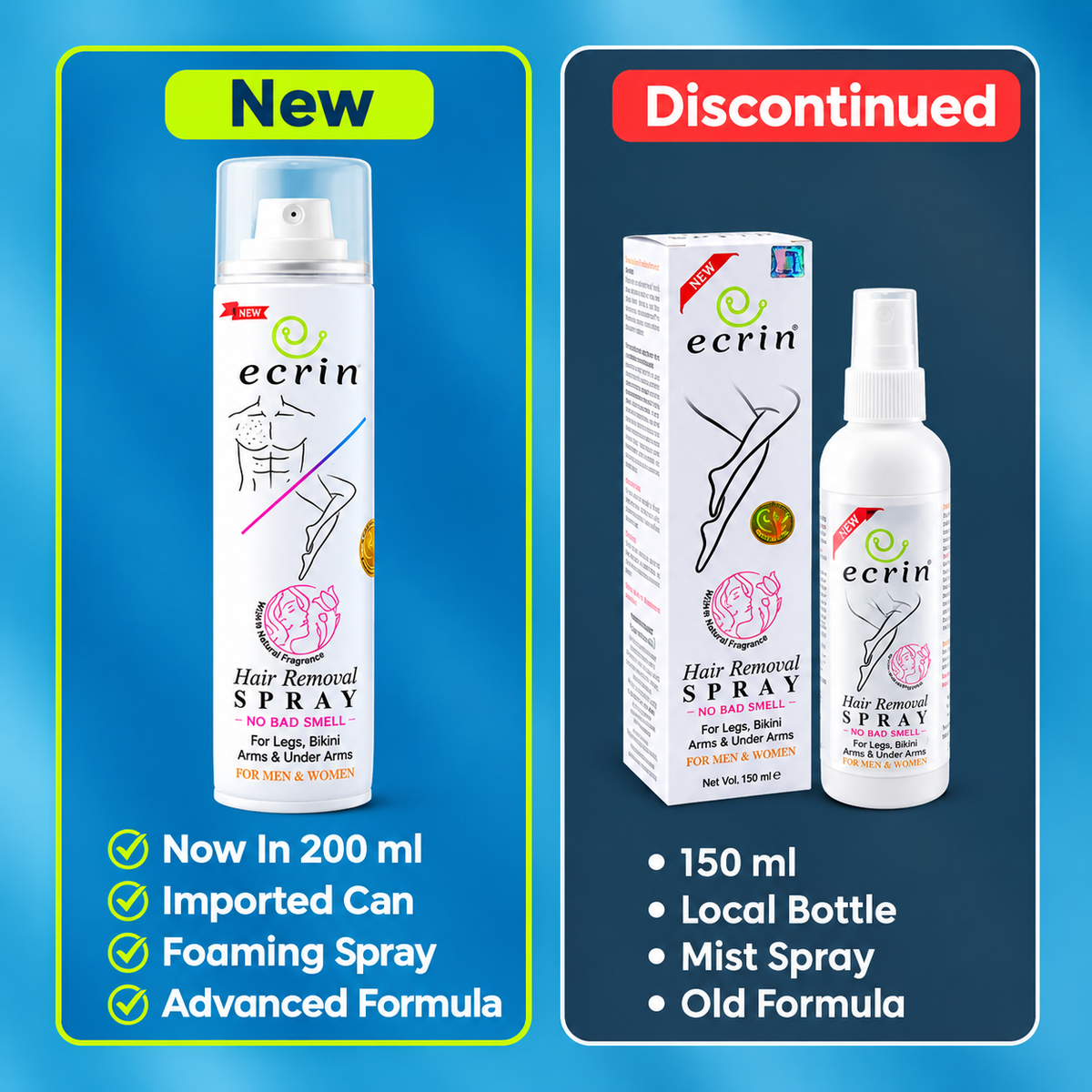 Ecrin Hair Removal Spray new 200ml formula vs old 150ml bottle - imported can foaming spray -ZEDSHOPPE®