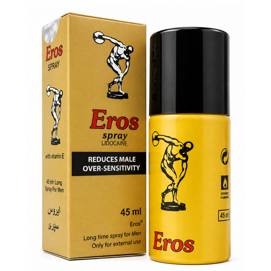 Eros spray lidocaine 45ml bottle and matching cardboard packaging box, both in yellow and black with red text, on a white background.
