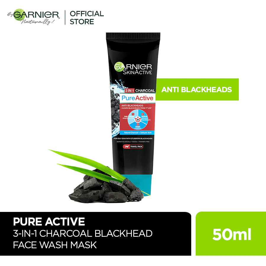 Garnier Pure Active 3 In 1 Charcoal Blackhead Face Wash Mask Scrub - 50ml