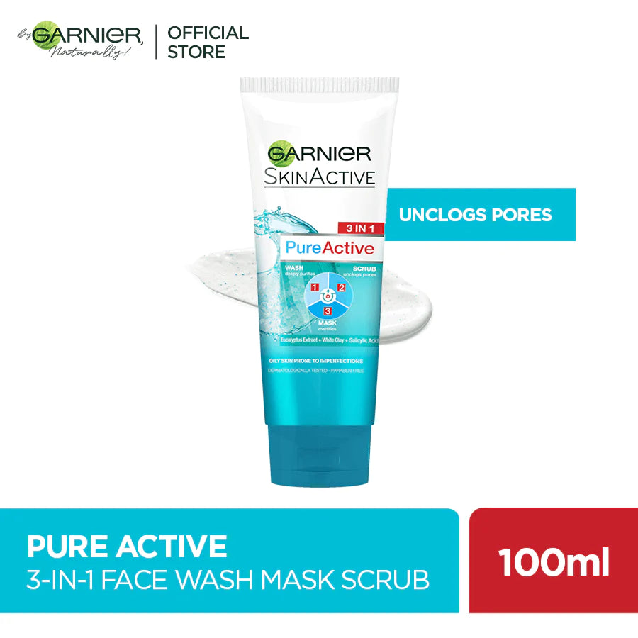 Garnier Pure Active 3 In 1 Face Wash Mask Scrub - 100ml