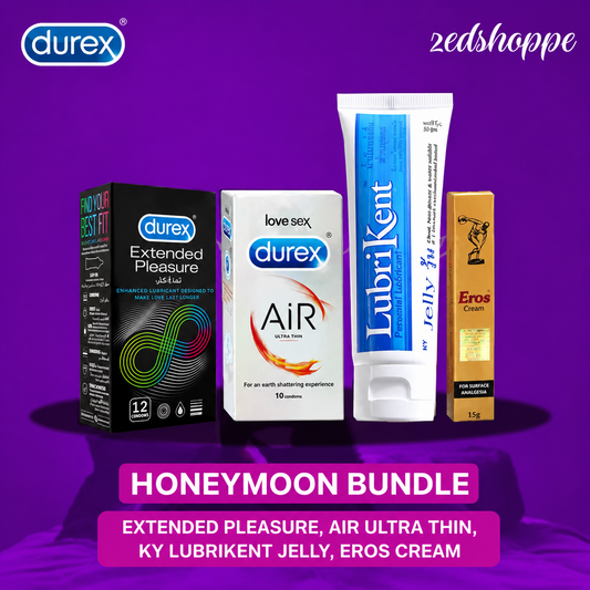A product bundle set against a purple background, featuring four adult novelty products: a black Durex Extended Pleasure box, a white Love Sex Air Ultra Thin tube, a white LubriKent Jelly tube, and a gold Eros Cream box. Text overlays read 'durex', 'zedshoppe', and 'HONEYMOON BUNDLE'.