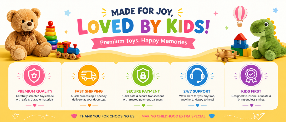 A promotional banner for children's toys with the headline 'MADE FOR JOY, LOVED BY KIDS! Premium Toys, Happy Memories.' The design shows a teddy bear, a toy train set, a green dinosaur toy, building blocks, and five illustrated feature icons with text including premium quality, fast shipping, secure payment, 24/7 support, and kids first.
