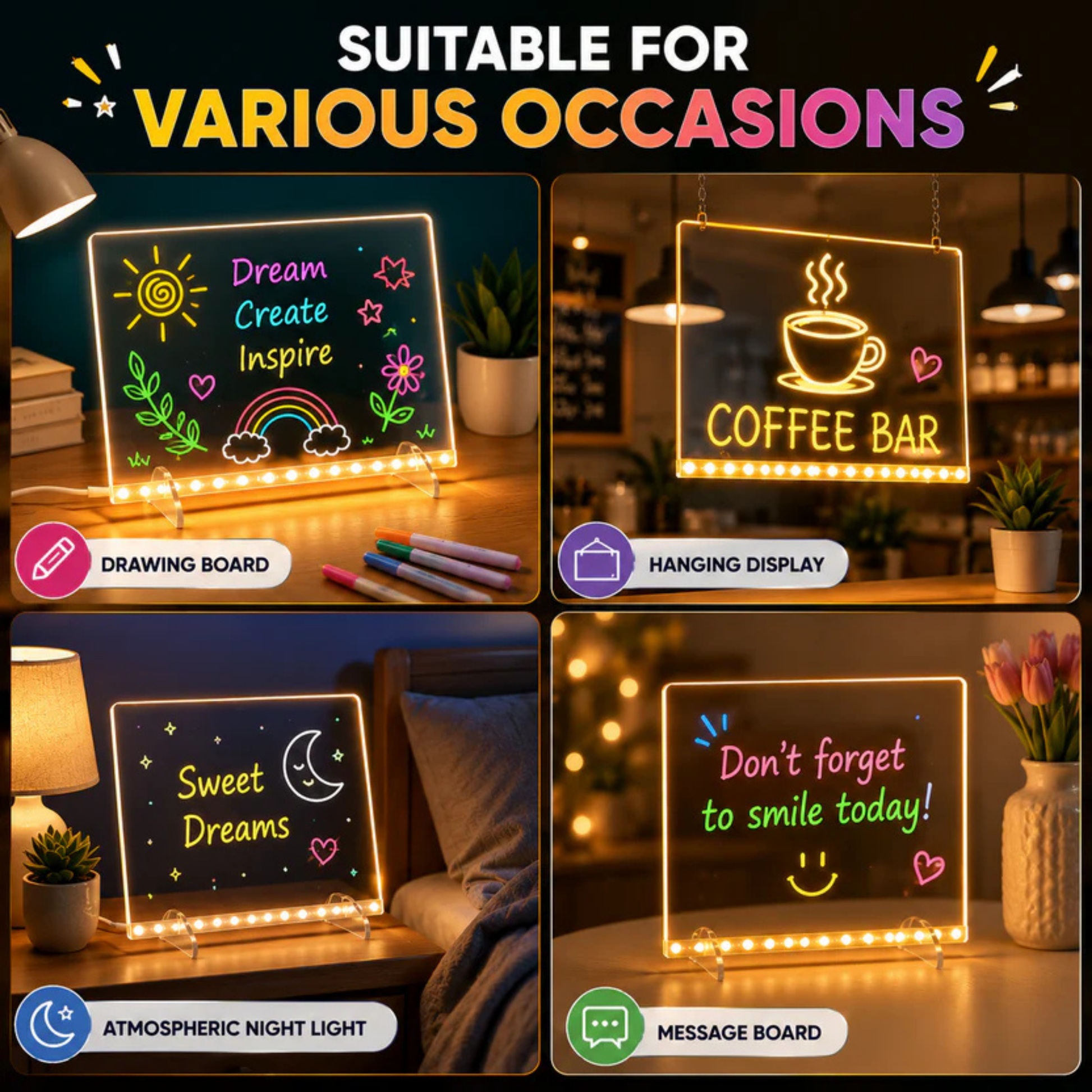 A 2x2 promotional collage showing a glowing chalkboard-style sign board in four different use cases: as a drawing board, hanging display, atmospheric night light, and message board. The top text reads 'SUITABLE FOR VARIOUS OCCASIONS.