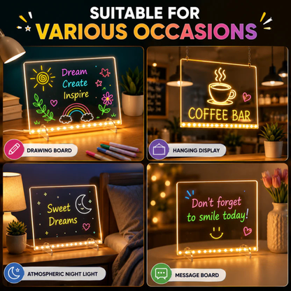 A 2x2 promotional collage showing a glowing chalkboard-style sign board in four different use cases: as a drawing board, hanging display, atmospheric night light, and message board. The top text reads 'SUITABLE FOR VARIOUS OCCASIONS.