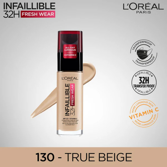 L'Oreal Paris Infallible 24H Fresh Wear Breathable Liquid Foundation - 130 True Beige - ZEDSHOPPE
