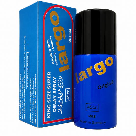 A blue cylindrical bottle of Largo Original King Size Super Delay Spray with a black cap stands next to its matching blue and red packaging box on a white background.