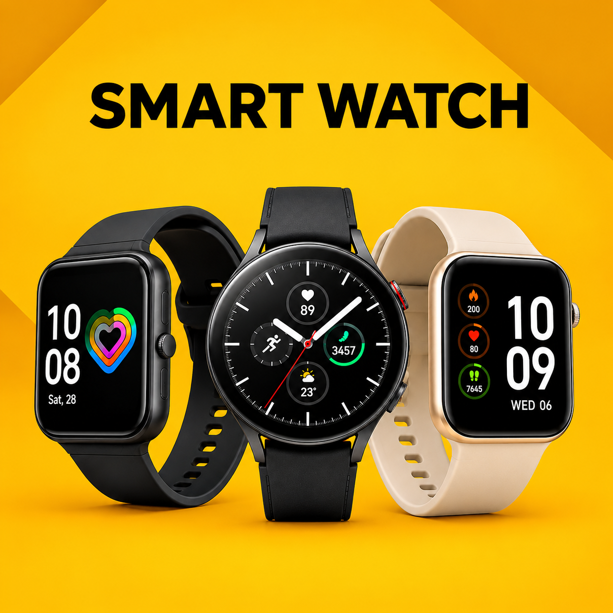 Smart watch collection banner featuring three fitness tracking smartwatches in black and gold available online at ZEDSHOPPE® Pakistan.