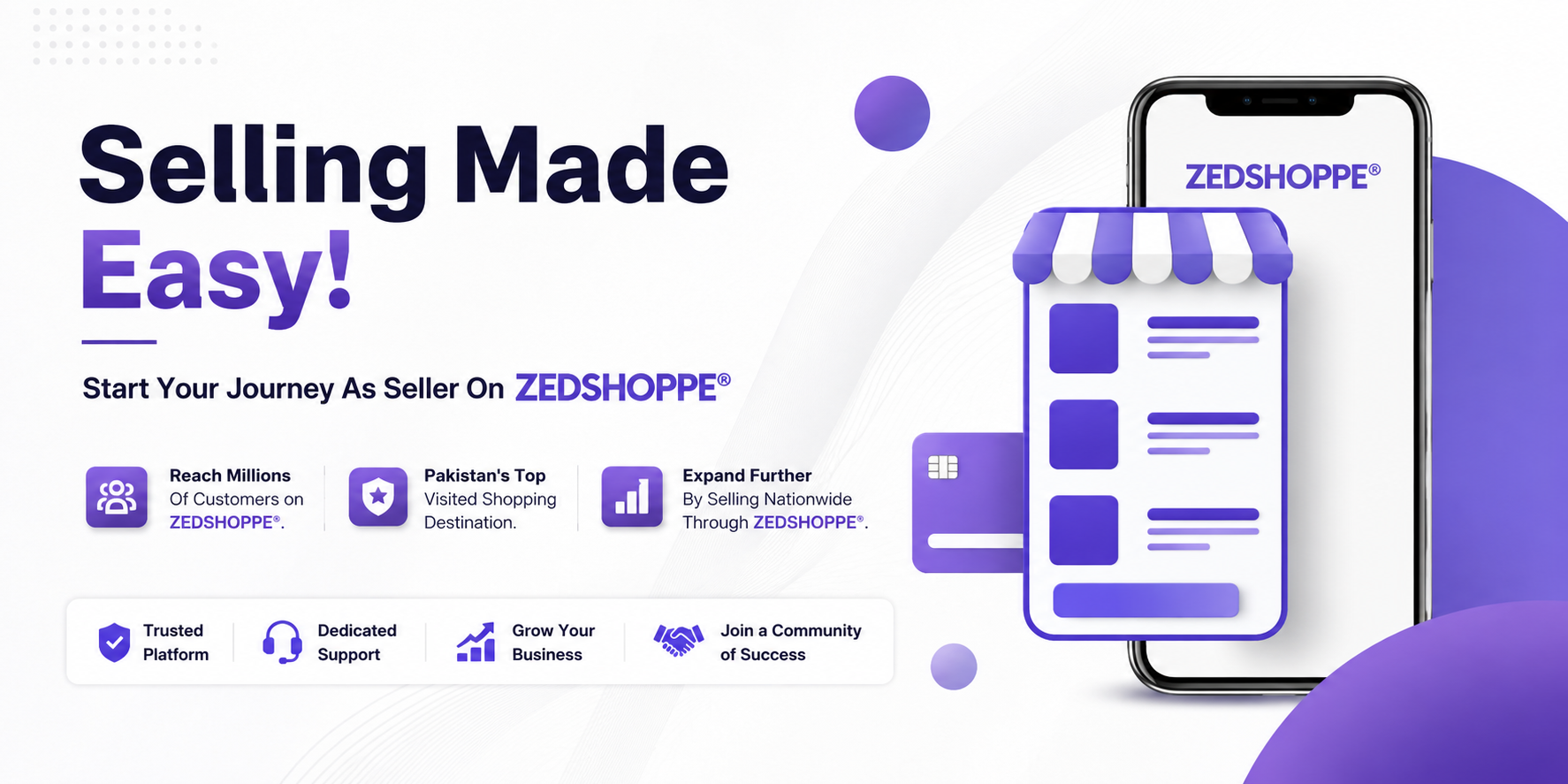 Promotional graphic for ZEDSHOPPE featuring the headline 'Selling Made Easy!' in large dark purple text, supporting callouts about reaching millions of customers, being Pakistan's top shopping destination, and expanding through ZEDSHOPPE, plus a stylized smartphone and storefront app mockup on a white background with purple accents.