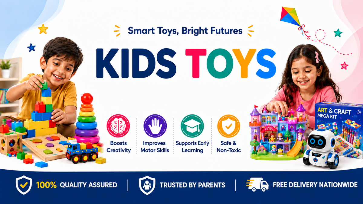 ZEDSHOPPE® Kids Toys banner featuring building blocks, stacking rings, wooden puzzle, toy truck, castle playset, robot toy and art & craft mega kit that boost creativity, improve motor skills, support early learning, safe and non-toxic with free nationwide delivery across Pakistan.