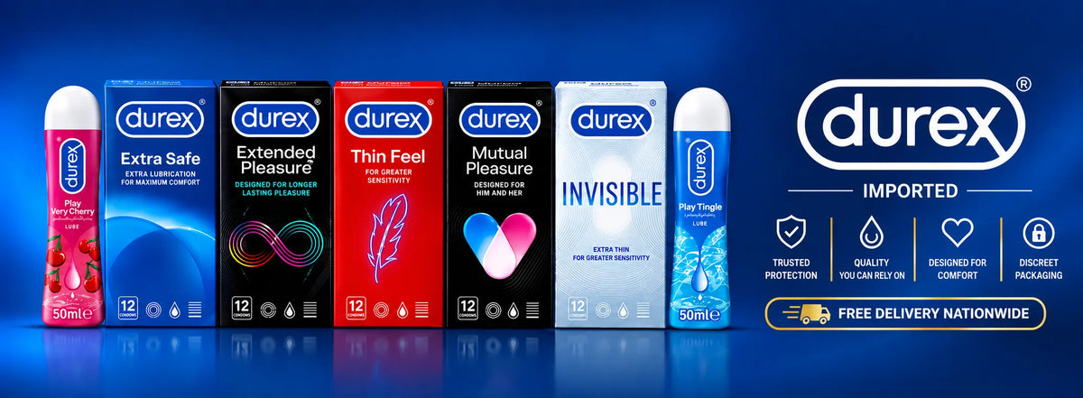 Imported Durex condoms and lube online in Pakistan. Extra Safe, Thin Feel, Invisible, Very Cherry | ZEDSHOPPE®.
