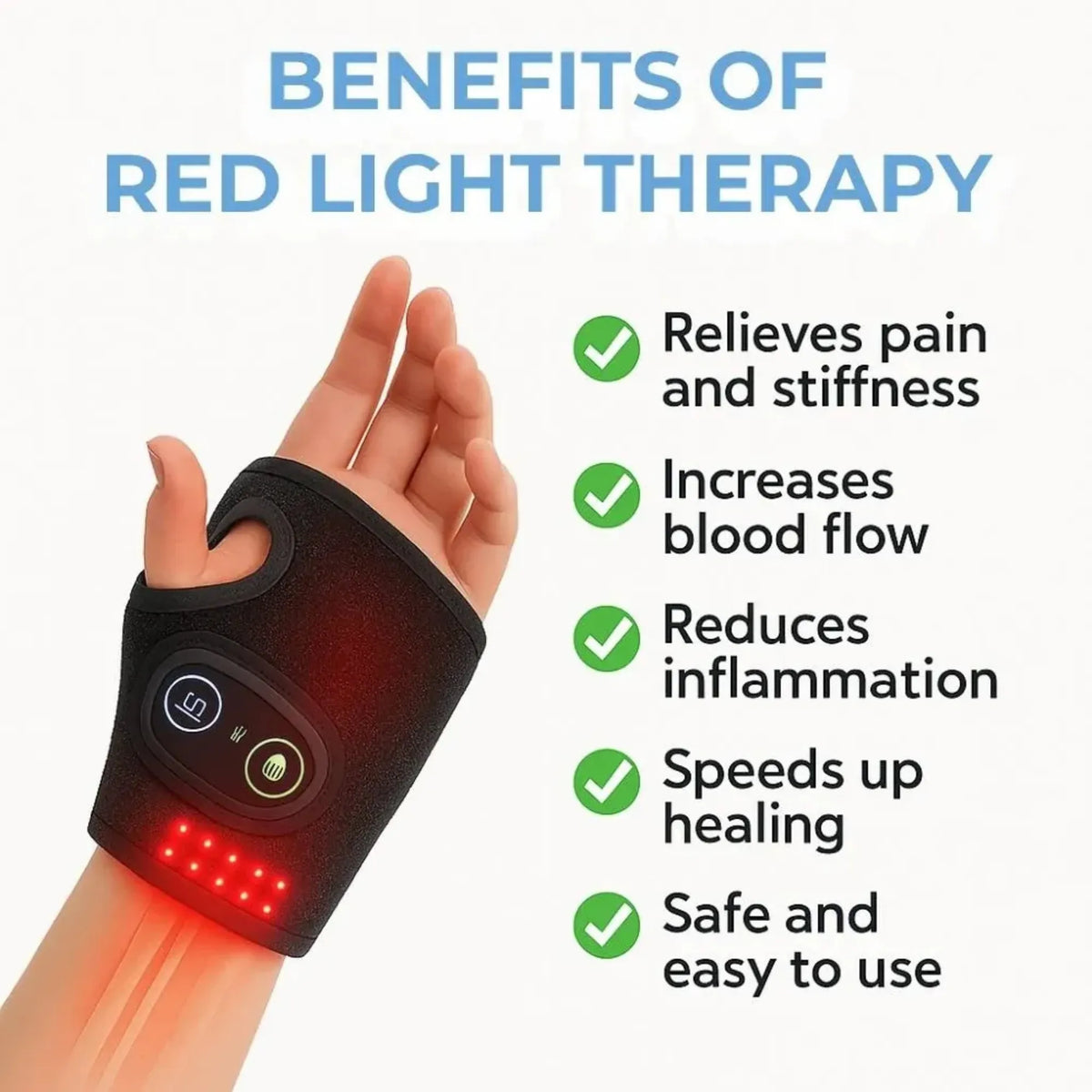 Hand Therapy Band red light wrist wrap with touch controls and light panel worn on the hand | ZEDSHOPPE®.