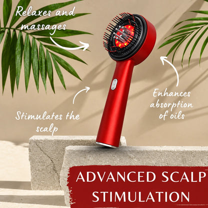 Red scalp massager brush with glowing red light, massage bristles and power button | ZEDSHOPPE®.