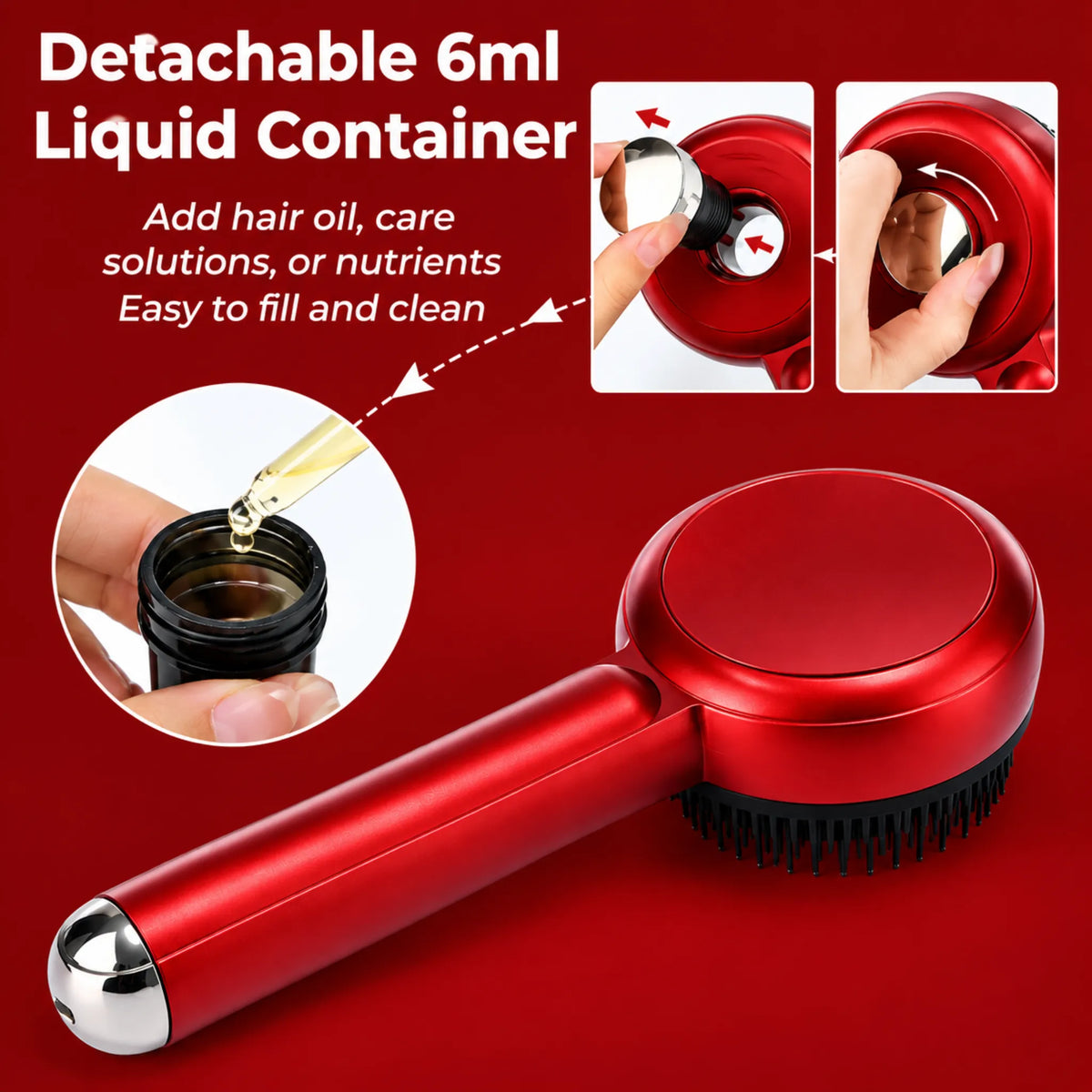 Red scalp massager brush with detachable 6ml liquid container being filled with hair oil | ZEDSHOPPE®.