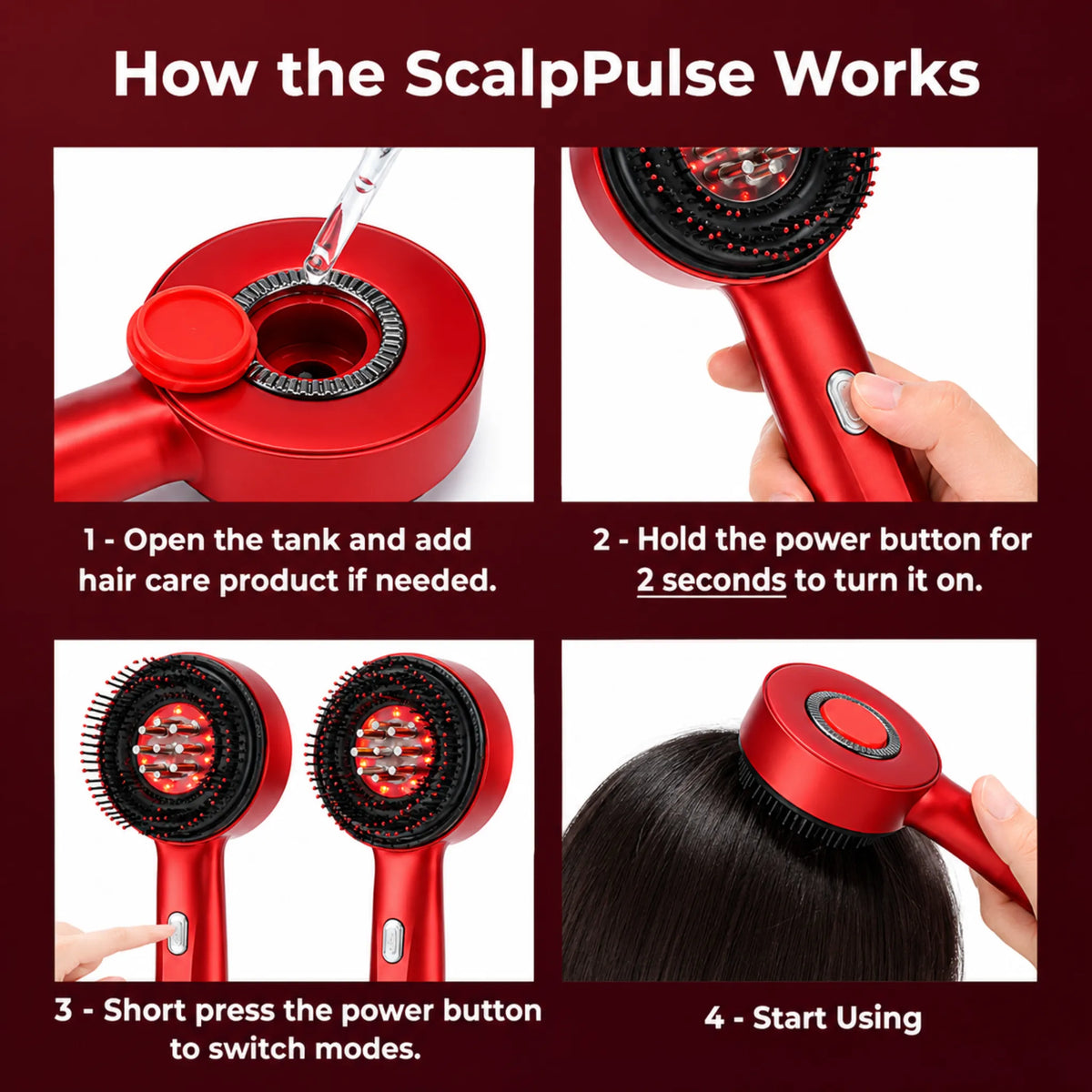 How to use the red light scalp massager brush. Fill the tank, hold the power button, switch modes and start massaging | ZEDSHOPPE®.