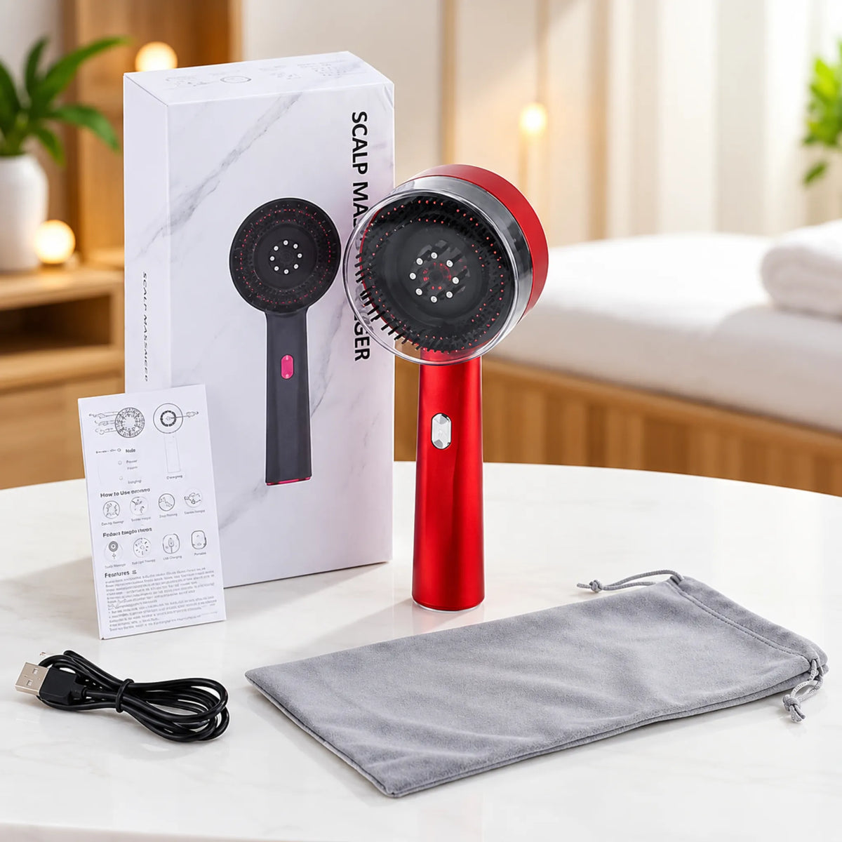 Red light scalp massager brush with dust cover, user guide, USB charging cable and grey storage pouch | ZEDSHOPPE®.