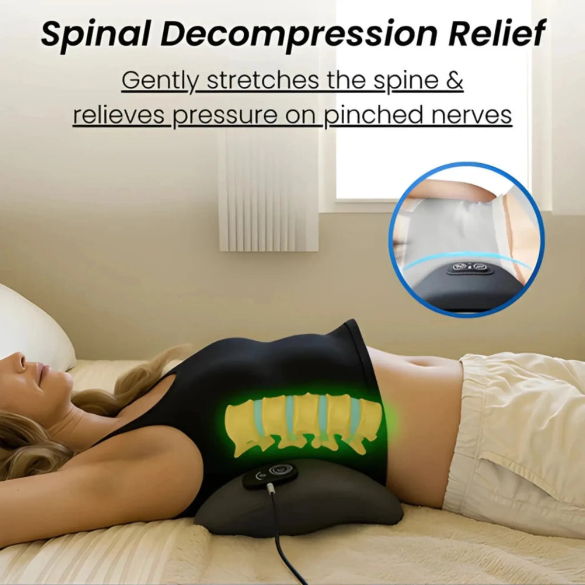 Woman lying on a bed with the Triple Fusion back massager pillow under her lower back | ZEDSHOPPE®.