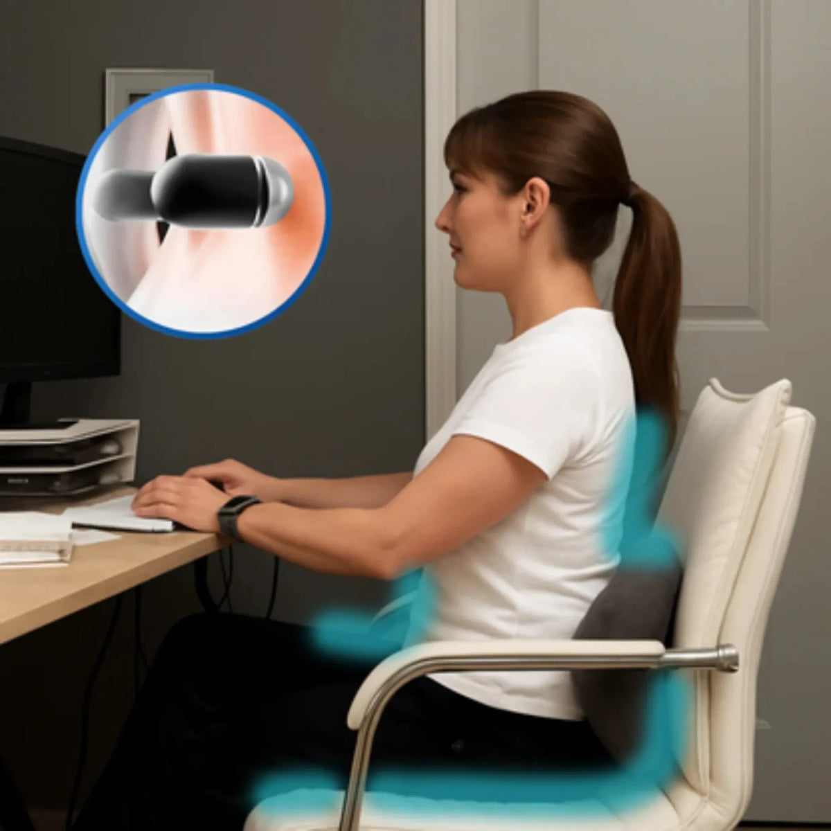 Woman using a Triple Fusion lumbar support pillow on an office chair at her desk | ZEDSHOPPE®.